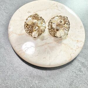 Vintage Marino Gold Tone Filigree Beaded Cluster Clip-on Earrings